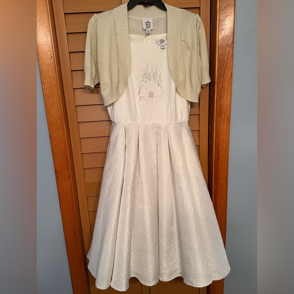 Disney Parks Dress Shop Castle Disneyland Rhinestone White Gold Dress Small RARE - Picture 3 of 9